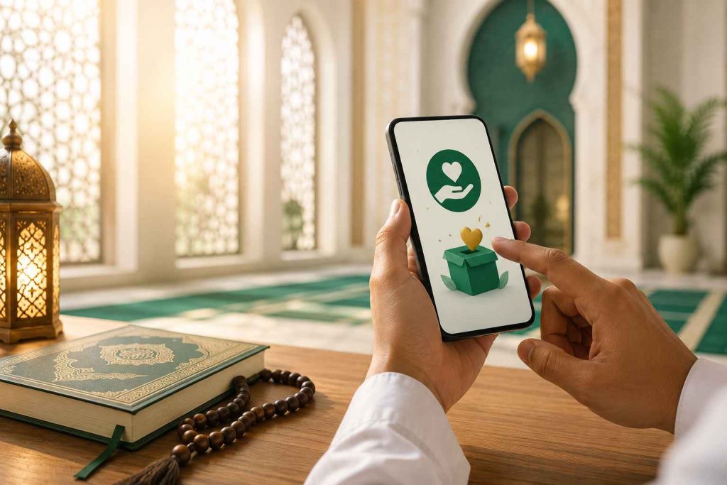 Seorang Muslim melakukan sedekah online melalui smartphone di dalam masjid dengan latar Al-Qur'an dan tasbih sebagai ilustrasi sedekah online dalam Islam