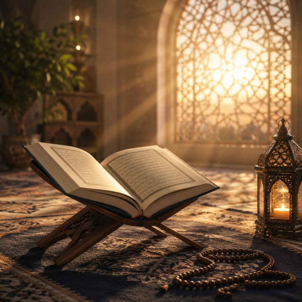 Al-Qur'an terbuka di atas rehal dalam suasana masjid sebagai ilustrasi 10 doa dalam Al-Qur'an yang bisa diamalkan setiap hari