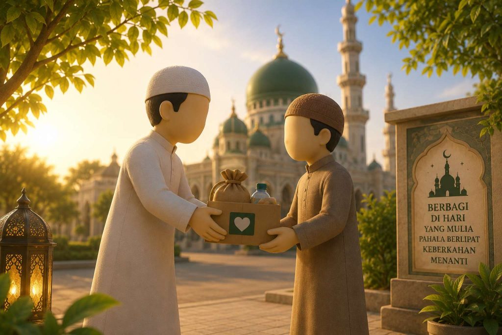 Ilustrasi 3D seorang Muslim berbagi sedekah kepada sesama di depan masjid pada Hari Jumat sebagai simbol kepedulian, keberkahan, dan amal kebaikan