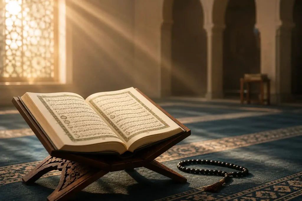 Ilustrasi Surah Al-Kahfi terbuka di dalam Al-Qur'an di atas rehal kayu sebagai simbol keutamaan membaca Surah Al-Kahfi pada hari Jumat