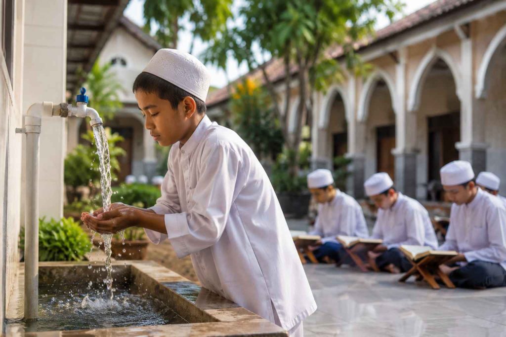 Santri penghafal Al-Qur'an menggunakan air bersih untuk berwudhu di lingkungan pesantren sebelum melanjutkan kegiatan menghafal Al-Qur'an