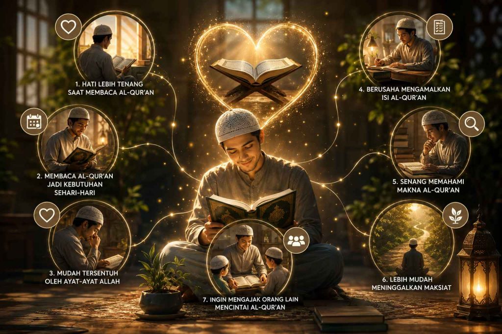 Ilustrasi seorang muslim membaca Al-Qur'an dengan penuh khusyuk sebagai gambaran hati yang semakin dekat dengan Al-Qur'an dan mengamalkan ajarannya
