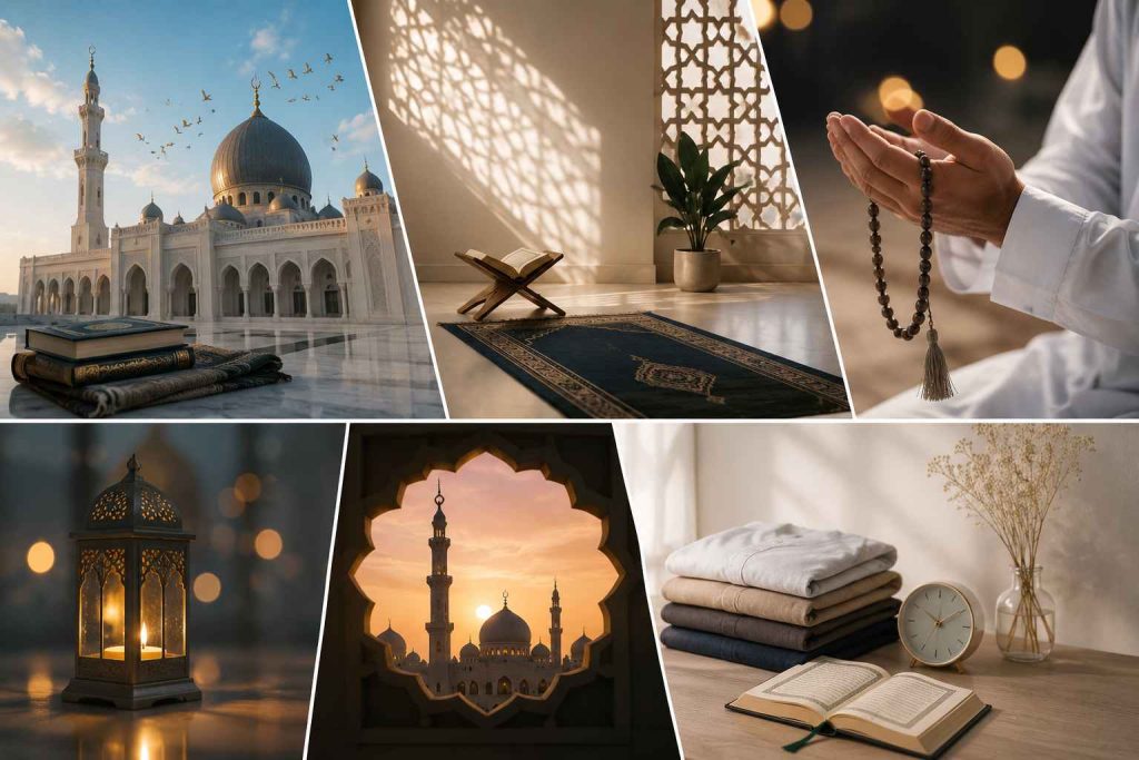 Kolase ilustrasi bertema Hari Jumat yang menampilkan masjid, Al-Qur'an, sajadah, tasbih, lentera, dan perlengkapan ibadah sebagai simbol kemuliaan Hari Jumat dalam Islam