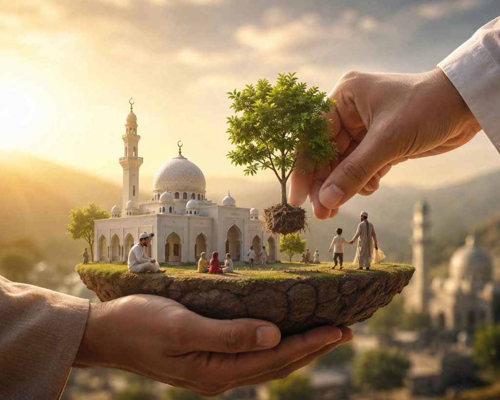 Ilustrasi kreatif wakaf dalam Islam berupa tangan menanam pohon di atas tanah dengan latar masjid sebagai simbol amal jariyah yang terus mengalir