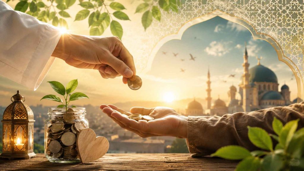 Panduan lengkap sedekah dalam Islam berdasarkan Al-Qur'an dan hadits dengan ilustrasi seseorang bersedekah di depan masjid saat matahari terbit
