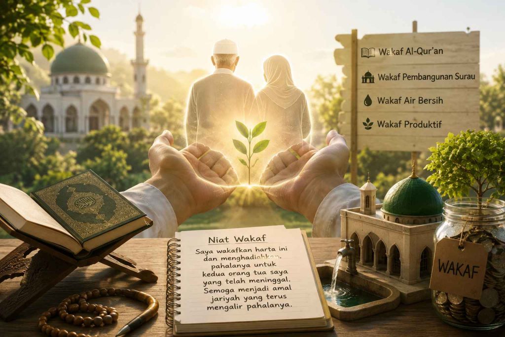 ustrasi wakaf atas nama orang tua yang sudah meninggal sebagai amal jariyah dalam Islam
