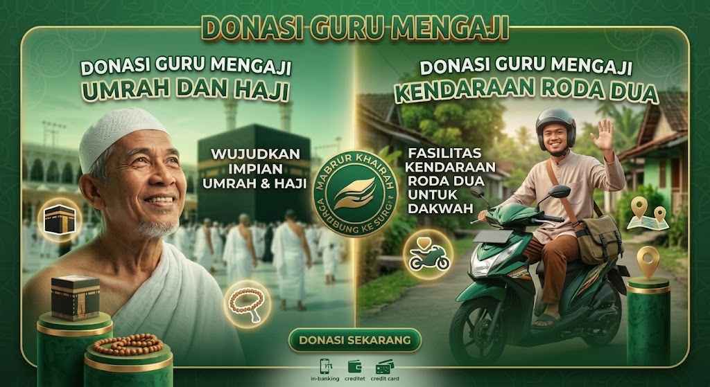 Poster promosi donasi "DONASI GURU MENGAJI" dengan dua bagian: "UMRAH DAN HAJI" di kiri dengan gambar Masjidil Haram dan Kakbah, serta "KENDARAAN RODA DUA" di kanan dengan gambar pria mengendarai skuter. Tombol "DONASI SEKARANG" di bawah