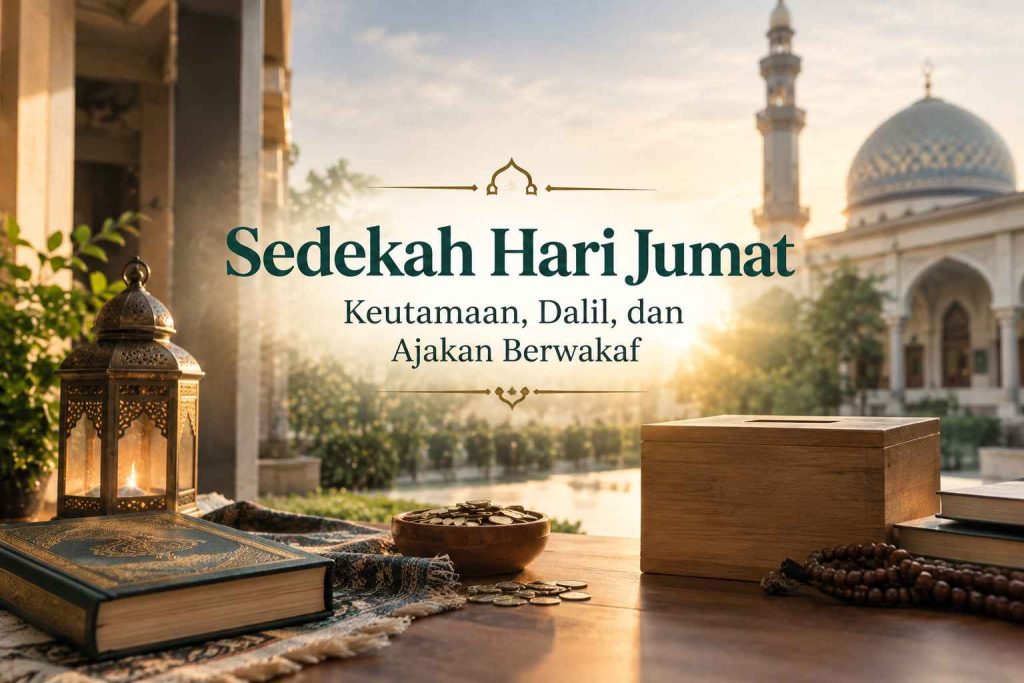 Poster bernuansa Islami dengan teks "Sedekah Hari Jumat: Keutamaan, Dalil, dan Ajakan Berwakaf" menampilkan Al-Qur'an, kotak amal, lentera, koin, dan tasbih berlatar masjid